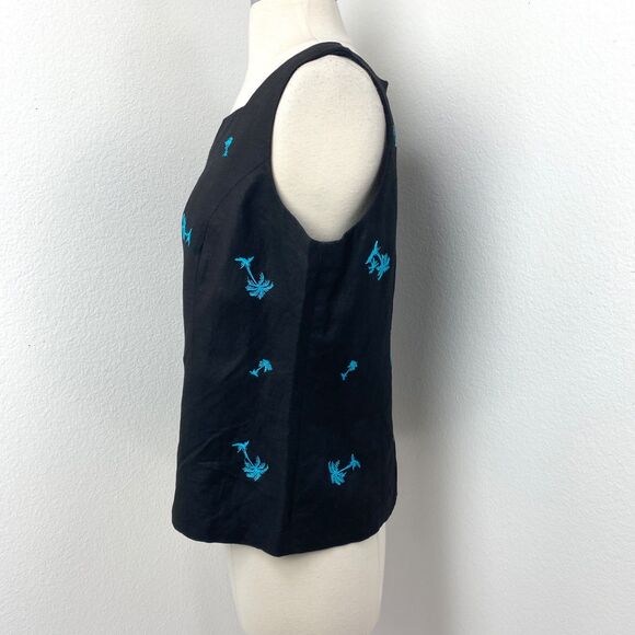 Vtg Annie Alexander Black Linen Blend Embroidered Top 10 Palm Trees Resort Beach - Picture 4 of 8